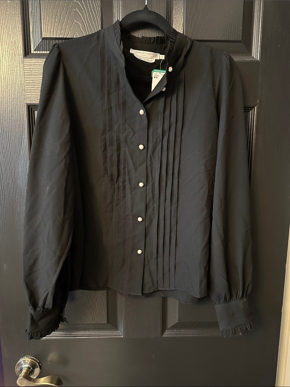 Simons Black Pintuck Blouse with Pearl-Style Buttons